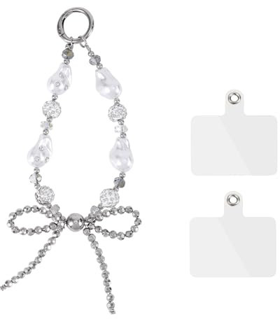 Beaded Phone Wrist Strap, White Cute Bow Knot Beaded Phone Charm Aesthetic Phone Chain Wristlet Anti-Lost Mobile Phone Lanyard with 2pcs Tether Tabs for Phone Bag Purse Keychain