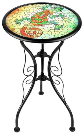 ZLSNOBLE Outdoor Mosaic Side Table, 12” Small Outdoor Table, Round Patio Side Table, Glass Plant Stand, Garden Outdoor Planter Stand Living Room Small Coffee Table