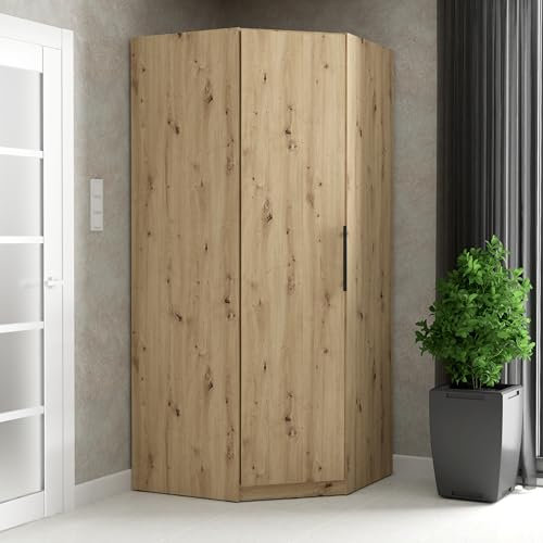 FORTE CADIXO Eckkleiderschrank 90 100, Moderner Kleiderschrank, Drehtürenschrank, Schrank für kleine Räume, Holzwerkstoff, Eiche Holzdekor, 94,2 cm breit x 212,9 cm hoch x 94,2 cm tief