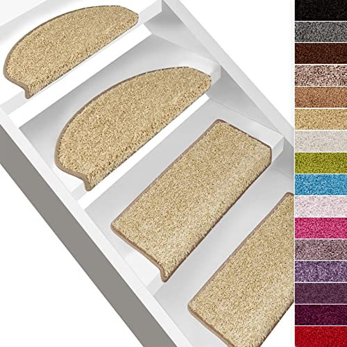 Floordirekt Shaggy-Stufenmatten Barcelona - 15er Set - Treppenmatten in 16 Farben, Strapazierfähig & pflegeleicht, Stufenteppich für Innen (Beige, Halbrund 65 x 23,5 cm)