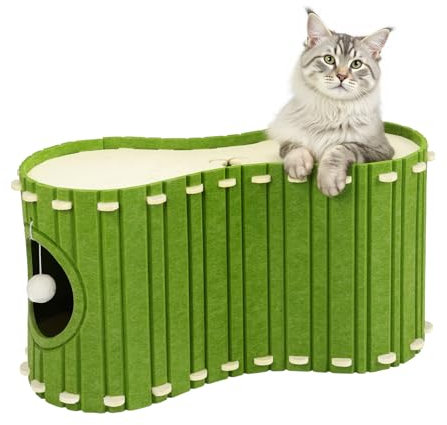 Babenest Katzentunnel Filz, Hochwertigem Katzenhöhle Haus mit Plüschen Spielzeug Ball bis zu 10kg, Indoor Abnehmbar Kratzbaum Katzenbett für Viele Katzen Schlafen, Spielen Verstecken (Beige und Grün)
