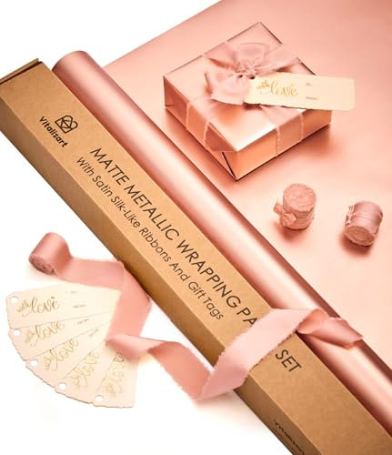 Vitalizart Carta da Regalo Metallizzata Rosa 76 cm x 5 m con 3 Rotoli di Nastri Setosi Rosa e 6 Etichette Regalo, Set di Carta da Regalo per Compleanno, Matrimonio, Baby Shower, Natale