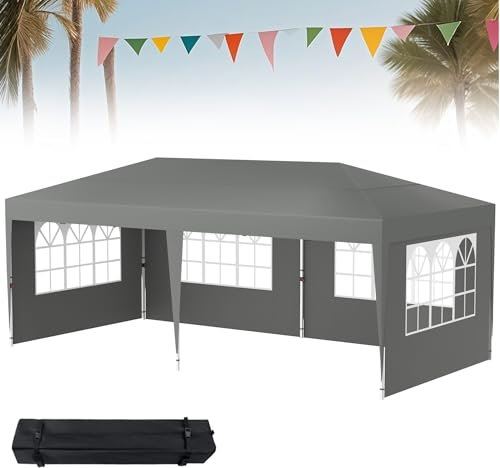 XMTECH Faltpavillon 3x6 Gartenpavillon Faltbar Pavillon mit 4 Seitenteilen, Höhenverstellbar 2,4m - 2,6 m Partyzelt Gartenzelt für Outdoor Garten Hochzeit, Stabil, UV-Schutz, Wasserdicht, Grau