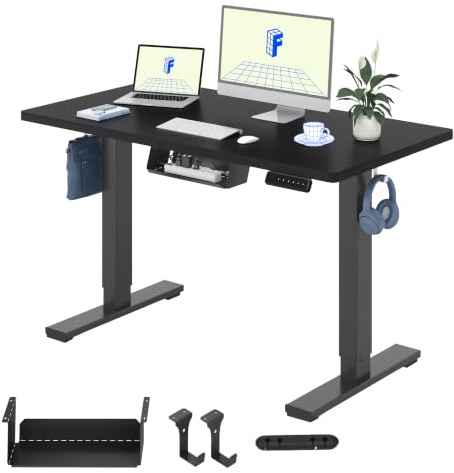 FLEXISPOT Scrivania Regolabile in Altezza Basic – Con Gestione Cavi, Ganci e Piano Monoblocco, Scrivania Ergonomica per Home Office (120x60 cm, Nero)