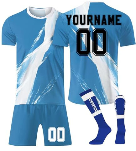 LILIHOT Personalisiert Fußballtrikot Kinder Jugend Erwachsene T-Shirt Shorts&Socks 3 Teiliges Set,mit Team Name & Number Logo Atmungsaktiv Sport Tshirt Trainingshose Fantrikot(#F Blue)