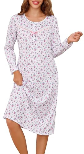 Lovasy Long Nightdresses for Women UK Cotton Button Front Ladies Nighties Long Sleeve Nightshirts with Pockets