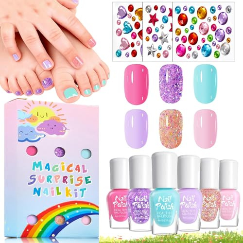 Kindernagellack Ungiftig Set 6 Farben Nagellack Mädchen Peel Off Kinder Nagellack, Kindernagellack Set auf Wasserbasis, Quick dry Nail polish Nagelset Geburtstagsgeschenke Mädchen Geschenk Kit