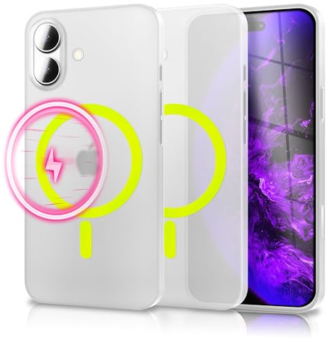 NALIA Hülle für iPhone 17 - Thinix Glow (Semi-Transparent, MagSafe Hardcase) - Case mit Leucht-Ring & Magnet - Deutscher Händler Qualitätsgeprüft - Cover Handyhülle Matt Dünn, Farbe:Neon Gelb