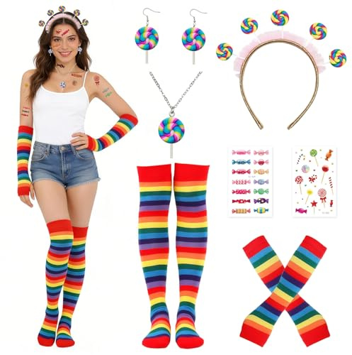 7pcs Lollipop Kostüm Damen Set,Lollipop Kostüm Accessoires,Lollipop Haarreif Haarschmuck, Fingerlose Handschuhe, Ohrringe, Halskette, Tattoos & Socken,für Weihnachten Karneval Fasching