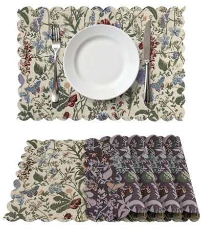 Komforbaa 4er Set Platzsets Polyester Libellen Blumen, Tischsets Landhausstil Waschbar Knitterfrei Robust, Platzdeckchen Küche Vintage Wellenrand Bunt 45x30cm