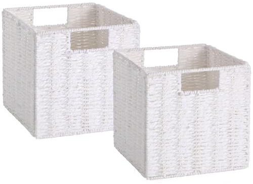 Vagusicc Storage Cubes, Collapsible Storage Boxes, Woven Storage Basket 23x23cm, Small Storage Baskets with Handles, Cube Storage Bins for Bedroom, Living Room Shelves Clothes, White