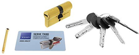 Tesa Assa Abloy, TX854050L, Cilindro de Alta Seguridad, TX80, Doble Embrague, Leva Larga, Llave - Llave, Latonado, 40 x 50 mm