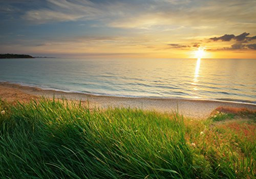 wandmotiv24 Fototapete Sonnenuntergang an der Küste, XL 350 x 245 cm - 7 Teile, Wanddeko, Wandbild, Wandtapete, Meer, Dämmerung,Urlaub M0913