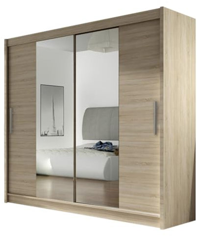 Mirjan24 Kleiderschrank London II mit Spiegel, Schiebetürenschrank, Schwebetürenschrank, Modernes Schlafzimmerschrank 180x215x58cm, Garderobe (Sonoma Eiche)