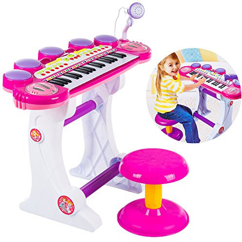 Kinderplay Piano Enfant 3 Ans, Clavier de Piano - Clavier 37 Touches, Synthetiseur Enfant, Microphone, Tabouret, Hauteur avec Microphone: 60 cm Hauteur des Touches du Clavier: 45 cm, KP8285