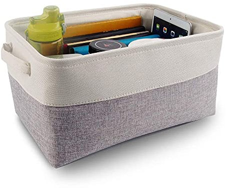 Mangata aufbewahrungsbox Stoff, aufbewahrungsbox grau, Korb aufbewahrung Stoff mit Griffen für Schrank, Spielzeug, kleiderschrank, Regale, Kleidung (faltbar, Mittel, Grau Weiß)