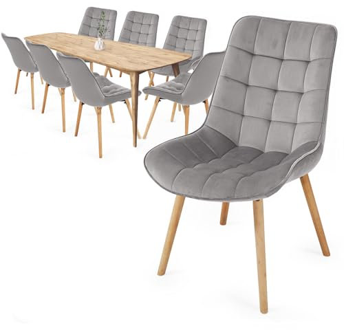 MIADOMODO® Esszimmerstühle - Farbwahl, 2/4/6/8 Set, Sitzfläche aus Samt, gepolstert, Beine aus Buchenholz, mit Rückenlehne - Polsterstuhl, Küchenstuhl, Retrostuhl, Wohnzimmerstuhl (Hellgrau, 8er)