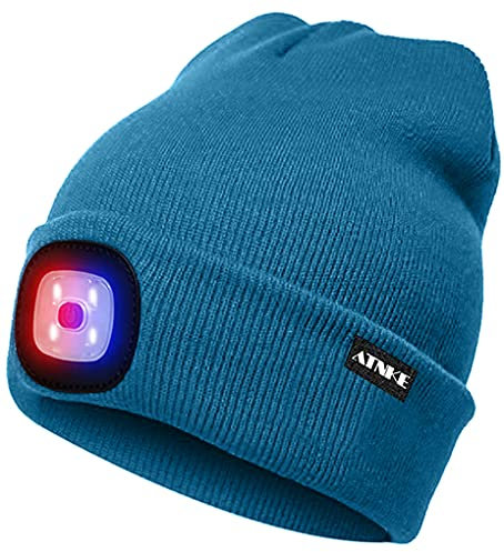 ATNKE LED Beleuchtete Mütze,Wiederaufladbare USB 4 LED Rot und Blau Leuchten Blinkender Laufmütze mit Licht Extrem Heller Lampe Winter Warme für Herren und Damen Geschenke/Peacock Blue