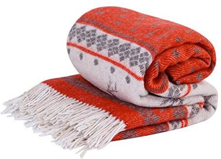 LYHome Merino Decke - Kuscheldecke Tagesdecke Sofa Wolldecke, Blanket Überwurfdecke Sofadecke Wohndecke, Flauschige Couchdecke Merinodecke, Flauschig Warm Plaid (140x200 cm | Rot mit Weiß Rentiere)