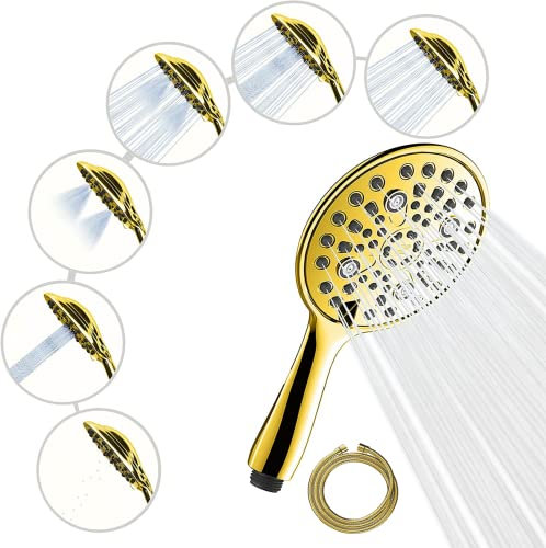 SparkPod High Pressure 6-Function Shower Head - Gold Shower Experience - 6 Wide Angle Handheld Set - 70 Inch Long Hose - Luxury Design - Power Massage Mode - Ergonomic Grip with Ultimate Mobility