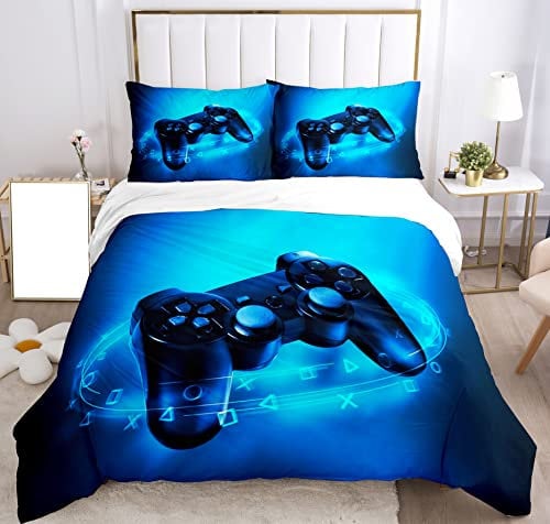 SHUAIG Bettwäsche-Sets Kinder Gamepad,Bettwäsche Set Jungen Gamepad Bettwäsche Satz Bettwäsche Set 3D Effekt Gamepad Druck Microfaser Bettbezug und Kissenbezug 50x75cm.(Blau,135x200cm)
