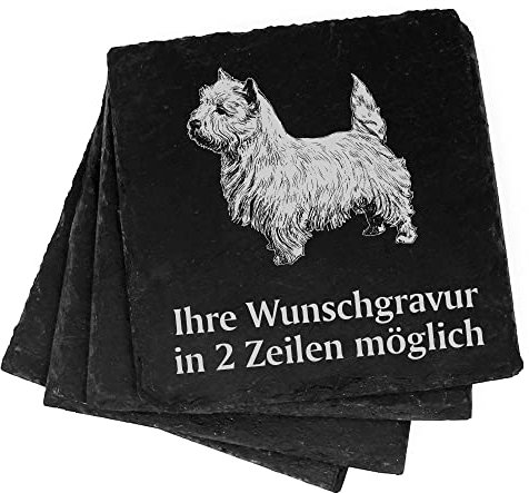 4X West Highland White Terrier Deko Schiefer Untersetzer Wunschgravur Set - 11 x 11 cm Flaschenuntersetzer Glasuntersetzer Tassenuntersetzer