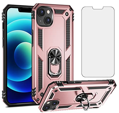 Asuwish Compatible with iPhone 14 6.1 inch and Case Tempered Glass Screen Protector with Ring Holder Stand Magnetic Cell Phone Cover for iPhone14 5G i i-Phone i14 iPhone14case Women Men Rose Gold