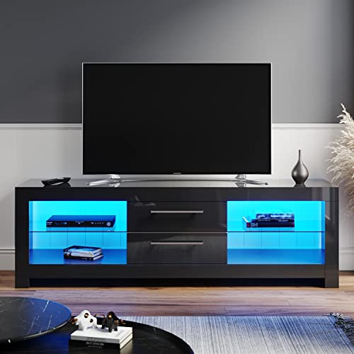ELEGANT 1600mm Stylish High Gloss Black TV Stand Cabinet Units with Ambient LED Light for Flat Screen 4k TVs LED Lights TV Cabinets with Shelves and Drawers for Living Room Bedroom