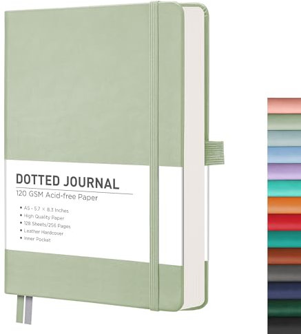 RETTACY Bullet Dotted Journal - A5 Dotted Raster Tagebuch Notizbuch mit 256 Seiten, 120 g/m² säurefreies Papier, Bullet Journaling, Skizzen, Leder Hardcover, Innentasche, 120x20cm