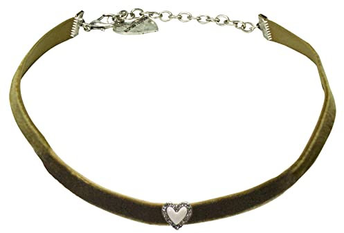 Alpenflüstern Trachten-Samt-Kropfband Strassherz - nostalgische Trachtenkette enganliegend, Kropfkette elastisch, eleganter Damen-Trachtenschmuck, Samtkropfband schmal (grün) DHK321
