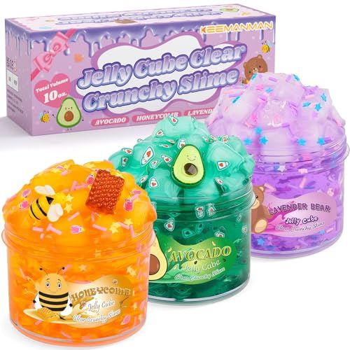 Slime Kit - 3 Pack Jelly Cube Clear Crunchy Slime with Avocado, Honeycomb and Lavender Bear Charms, Preppy Aesthetic Stuff, Cute Stress Toys Cool Birthday Gifts for Girls and Boys