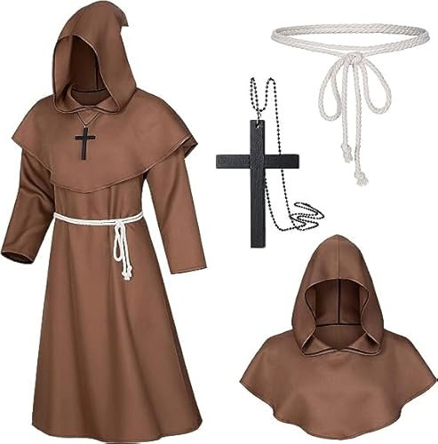 songyea Robe Mönch Kostüm Herren mit Kapuze und Kreuz,Mönch Priester Kostüm Gewand,Mittelalter Renaissance Robe,Herren Cosplay Mönchskostüm,Halloween Kostüm Herren für Mottoparty,Halloween (Braun, XL)