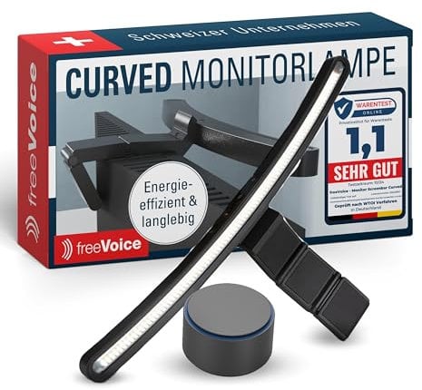 freeVoice Monitor Screenbar Curved I Augenschonende Bildschirmlampe mit Anti-Blue-Light I Monitorlampe mit einstellbarer Farbtemperatur & Auto-Dimmer I Blendfreie Monitorleuchte mit Clip-Befestigung
