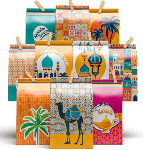Ramadan Kalender zum Befüllen & Basteln - Ramadan Deko - Ramadan Kalender Kinder, Erwachsene - Bedruckte Kraftpapiertüten - Eid Mubarak Ramadankalender - Kalender 30 Sticker Ramadantüten & Klammern