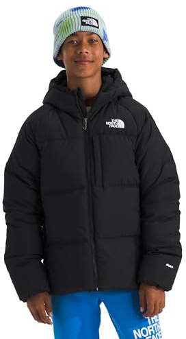 The North Face Boys' North Down Hooded Jacket | Water Repellent, 600 Fill Recycled Waterfowl Down, Insulated Hood, Secure Zip Pockets, TNF Black, X-Small