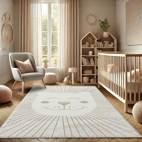 payé Teppich Kinderzimmer 160x230cm - Pastell Beige Creme - Kurzflor Spielteppich mit niedlichem Löwen Motiv