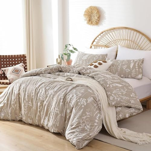 Tospass Bettwäsche 155x220 cm Blumen Blätter Pflanzen Muster Khaki Beige Bettwäsche Set Floral Bettbezug Mikrofaser Wende Bettwäsche 1 Deckenbezug mit Reißverschluss 1 Kissenbezug 80x80 cm
