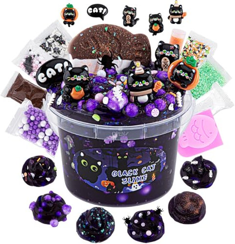 LAWOHO Schwarze Katze Clear Schleim 300ml, Dunkel Lila Clear Slime Set für 8-12 Jahre Mädchen mit 9 Slime Add-Ins, Schleim Kinder Party Favors Schleim Spielzeug Geburtstag Halloween Weihnachten Ostern