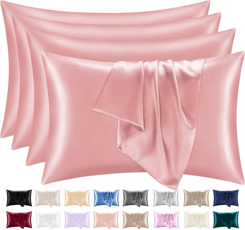Lazzaro Satin Silk Pillowcases for Hair and Skin - Hypoallergenic Silk Pillow Cases 4 Pack with Envelope Closure - Ultrasoft Standard Size Coral Silk Pillowcases (50 x 75 cm)