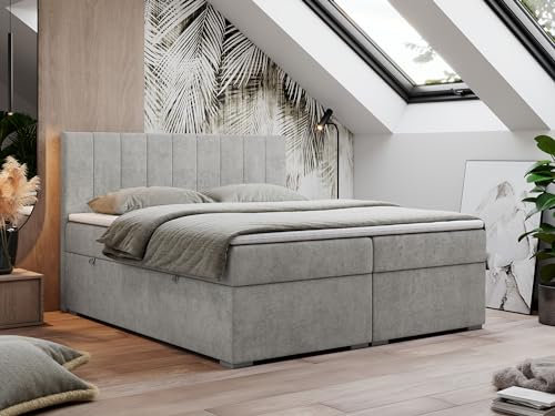 MKS MEBLE Boxspringbett 140x200, Bett 140x200 mit Matratze und Topper, Boxspringbett mit Bettkästen, Polsterbett mit Kopfteil - Pedro - Hellgrau Strukture - H3
