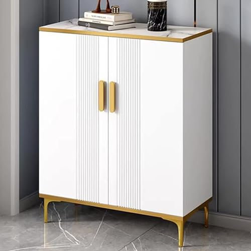 Sideboard aus Holz mit geriffelten, strukturierten rotgoldfarbenen Metallbeinen, weißer Aufbewahrungsschrank für Wohnzimmer, Esszimmer, Küche