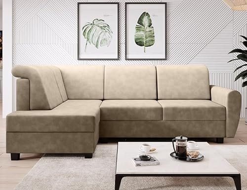 Easy4You Ecksofa Milo L-Form Beige – 235x90x157 cm - Schlafsofa mit Bettkasten und Schlaffunktion - Eckcouch mit Stauraum – Links – Stoff Soro 21