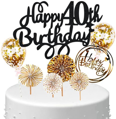 Anlgdi Tortendeko Happy Birthday Deko Kuchen Topper 40. Geburtstag Frau, Cake Topper Happy 40th Birthday Schwarz Gold, Kuchendeko 40 Jahre Torte Kuchen Deko für Geburstagstorte Deko 40. Männer Frauen