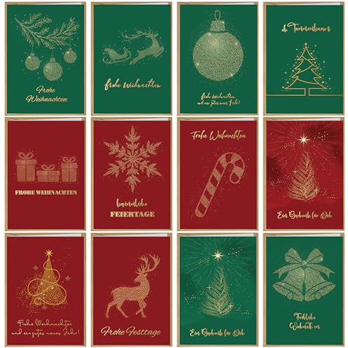 BIROYAL 12er Weihnachtskarten mit Umschlag Set - Goldprägung Karte Weihnachten - A6 Weihnachtskarte - Grußkarten Weihnachten - Christmas Card - Klappkarten Weihnachtsgrußkarten für Familie, Freunde