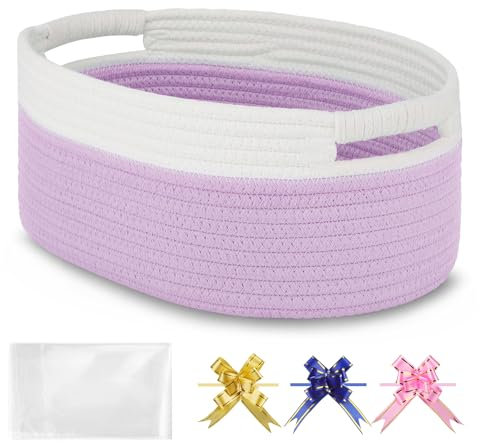 BOSROTY Small Woven Basket with Gift Bags and Ribbons, Empty Baby Gift Baskets for Kids Women Men, Nursery Storage, Small Cat Dog Pet Toy Boxes, 33 x 23 x 14 CM, Purple