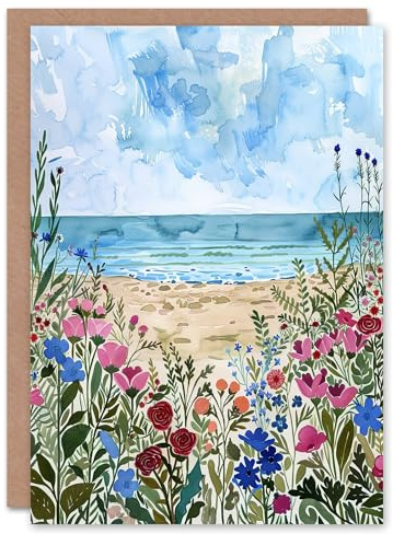 Artery8 Greeting Card Sardinia Shore Beach Flowers Coastal Watercolour For Her Woman Birthday Card