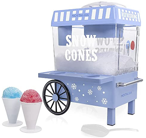 Nostalgia Snow Cone Rasierte Eismaschine – Retro Tisch-Slushie-Maschine macht 20 eisige Leckereien – inklusive 2 wiederverwendbaren Kunststoffbechern und Eisschaufel – Vintage Blau