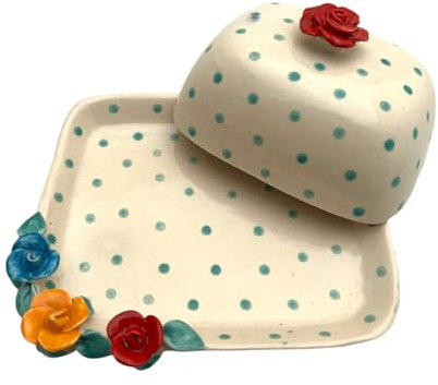 Butterdose mit Deckel Keramik Bunt Handbemalt (gepunktet rote Rose)