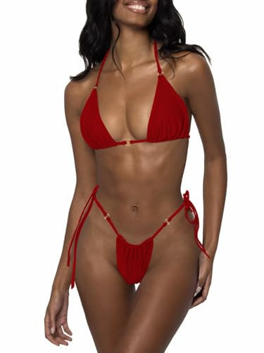 LUNNTE Damen Bikini Set Sexy Tanga String Bikini Badeanzüg Zweiteiliger Triangel mit Ring Badebekleidun Verstellbare Bademode Unterteil Seitlicher Schnürung (Rot, M)