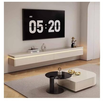 Console TV flottante avec lumière à induction tactile, console TV murale minimaliste pour salon, comptoir en verre trempé et grand espace de rangement (240 cm)
